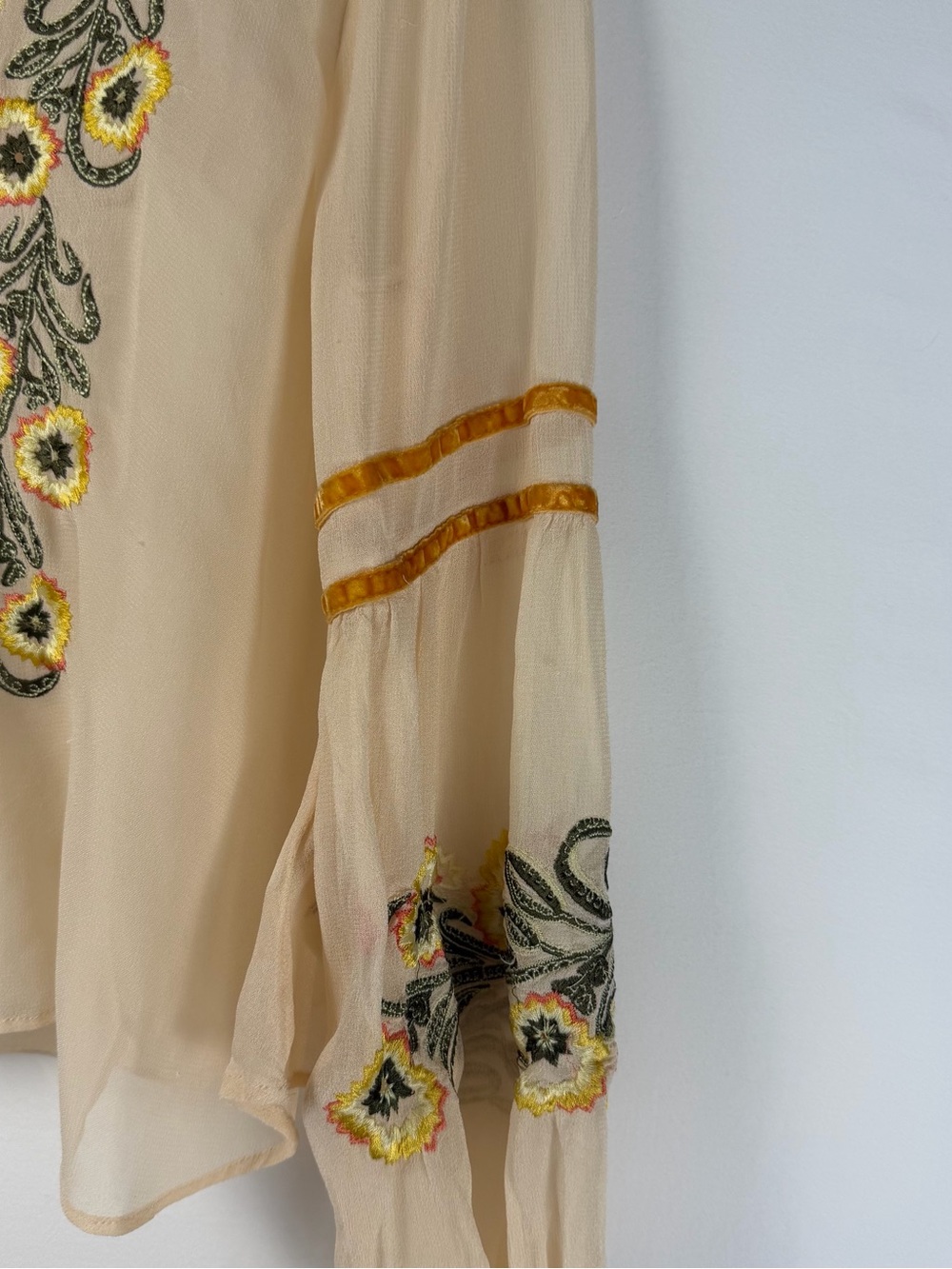 Kimchi Blue Cream Embroidered V-Neck Peasant Tunic with Yellow and Pink Flowers - Picture 3 of 7